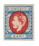 ROMANIA 1872 LP 34 50 BANI ALBASTRU SI ROSU IMPRESIUNE DEFECTUASA CAROL I CU BARBA NEDANTELAT VARIETATE MNH