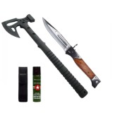Set topor multifunctional, briceag de vanatoare si spray autoaparare DEPOX&reg;, otel inoxidabil, negru, 42 cm /34 cm/60 ml, teaca inclusa
