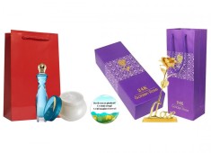 Set cadou pentru Ea, parfum de femei Divine insotit de crema corp, trandafir auriu din plastic suflat la baza cu aur si insigna Dactylion cu mesaj mot