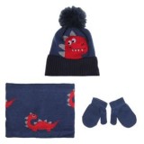 Set Caciula cu Pompon, Fular Circular si Manusi cu Model Dinozaur pentru Copii, Albastru, 3 piese, CMCLASS