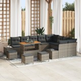 Gossi set canapea gradina 13 piese cu perne gri poliratan acacia, Gossi set dining gradina 4 piese cu perne gri poliratan acacia, Gossi canapea gradin