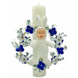 Lumanare pentru botez, 30 cm, cu flori de cires din sapun, flori naturale uscate si iepuras somnoros (personalizabila cromatic si cu text)
