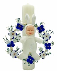 Lumanare pentru botez, 30 cm, cu flori de cires din sapun, flori naturale uscate si iepuras somnoros (personalizabila cromatic si cu text)
