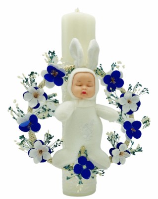 Lumanare pentru botez, 30 cm, cu flori de cires din sapun, flori naturale uscate si iepuras somnoros (personalizabila cromatic si cu text) foto