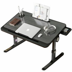 Stand laptop multifunctional tip masuta, Linomag&reg;, Reglabil, Pliabil, 60cm x 40cm x 27cm ~ 40cm, Suport carte, Suport tableta, Sertar depozitare, Negr