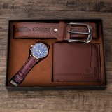 Cumpara ieftin Set Cadou Barbati RegalSmart: Ceas Quartz Elegant, Curea Piele Eco Maro, Portofel, Cutie Cadou - Stil Clasic, Cadran Albastru/Argintiu