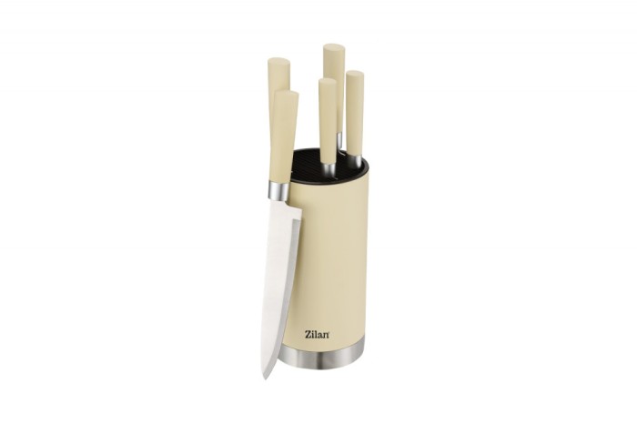 Set cutite 6 piese RETRO Zilan ZLN1610, Suport inclus, Otel inoxidabil 3CR13, Compatibil masina de spalat vase, Crem