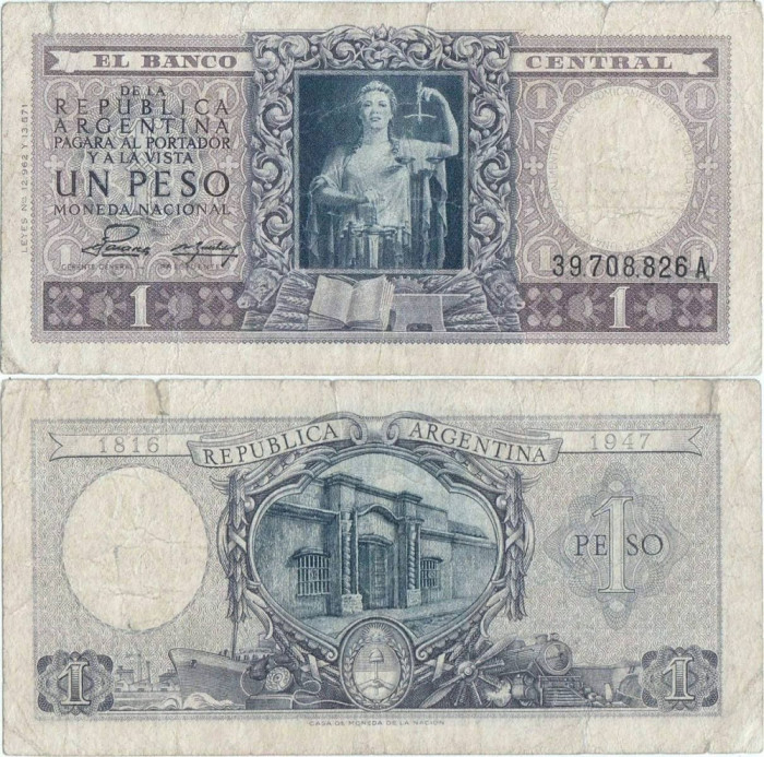 1952 , 1 peso ( P-260b ) - Argentina