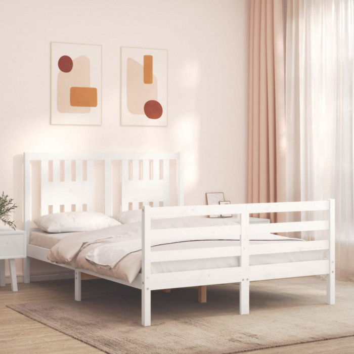 vidaXL Cadru de pat cu tăblie, dublu, alb, lemn masiv
