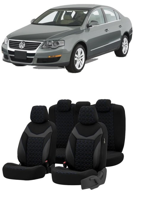 Set huse scaune SAPPHIRE compatibile VW Passat B6 (2005-2010)Piele+Textil (ALBASTRU)