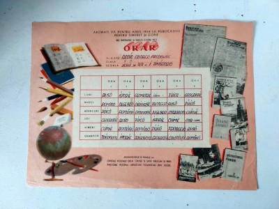 Orar scolar 1954 - Liceul de fete nr 1 Timisoara foto