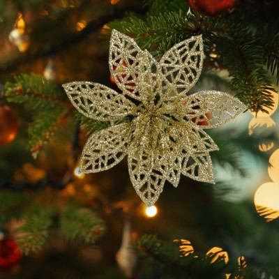 Ornament de Craciun - cu cleme - floare cu sclipici - auriu - 3 buc/pachet Best CarHome foto