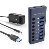 Hub USB 7 in 1 cu buton ON/OFF, PRESTIGE CHARGE&reg;, din aluminiu, 7 porturi USB 3.0 transfer date 5Gbps si incarcare 36W