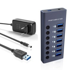 Hub USB 7 in 1 cu buton ON/OFF, PRESTIGE CHARGE&reg;, din aluminiu, 7 porturi USB 3.0 transfer date 5Gbps si incarcare 36W