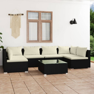 vidaXL Set mobilier de grădină cu perne, 7 piese, negru, poliratan foto