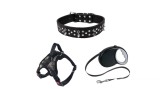 Set pentru caini Pure Sunny: lesa automata, ham Kaky, zgarda cu tepi, color negru, dimensiuni ham S-M-L, gat: 26x piept: 28x40 cm