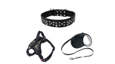 Set pentru caini Pure Sunny: lesa automata, ham Kaky, zgarda cu tepi, color negru, dimensiuni ham S-M-L, gat: 26x piept: 28x40 cm