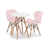 Set masa rotunda stil scandinav + 2 scaune Lago catifea, Artool, MDF si lemn, alb si roz, 60x72 cm GartenVIP DiyLine
