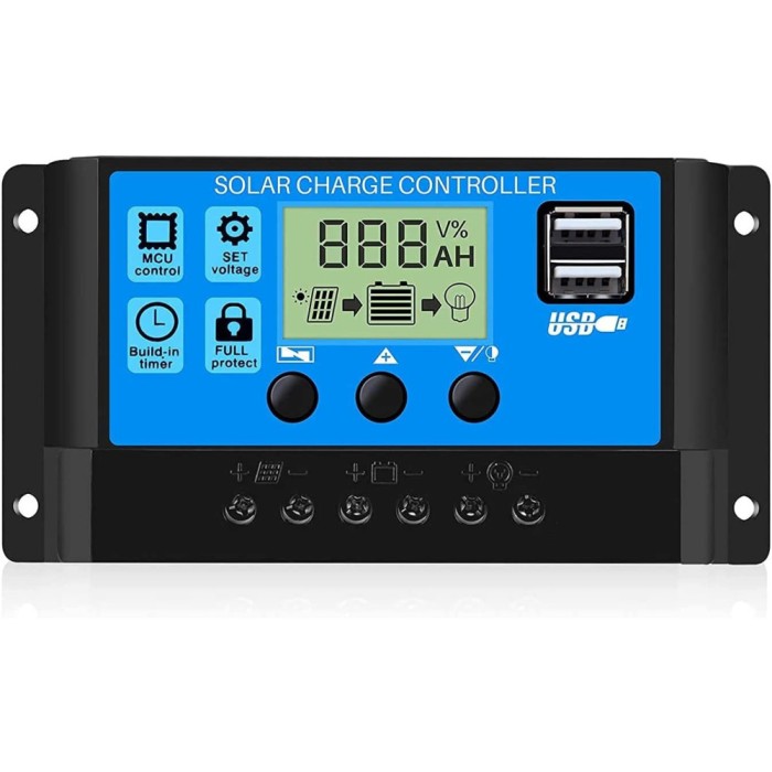 Controler incarcare solara, 30A, 12V/24V, Afisaj LCD, Negru/Albastru