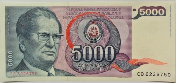 BANCNOTA COMUNISTA 5000 DINARI - RSF YUGOSLAVIA, anul 1985 *cod 947 = UNC TITO