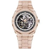 Ceas barbatesc BENYAR BY-5212M, auriu roze, cadran negru skeleton, mecanic automat, otel inoxidabil