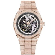 Ceas barbatesc BENYAR BY-5212M, auriu roze, cadran negru skeleton, mecanic automat, otel inoxidabil foto