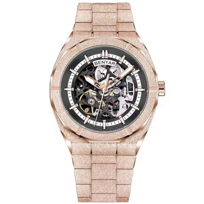 Ceas barbatesc BENYAR BY-5212M, auriu roze, cadran negru skeleton, mecanic automat, otel inoxidabil