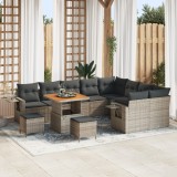 Set de canapea pentru grădină vidaXL cu 12 piese și perne Gri Poli Ratan Acacia, Set de dining pentru grădină vidaXL cu 3 piese și perne Gri Poli Rata