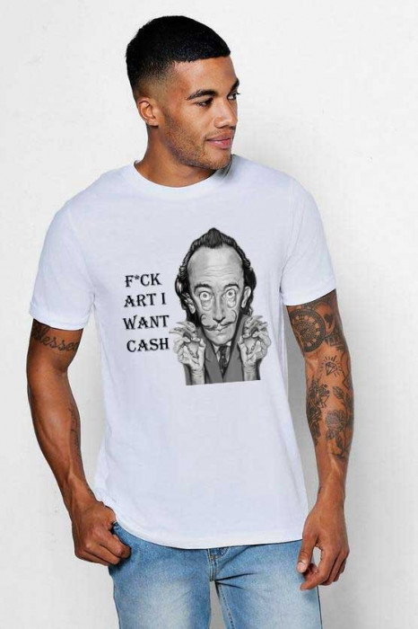 Tricou barbati alb - Dali - I want CASH - XL