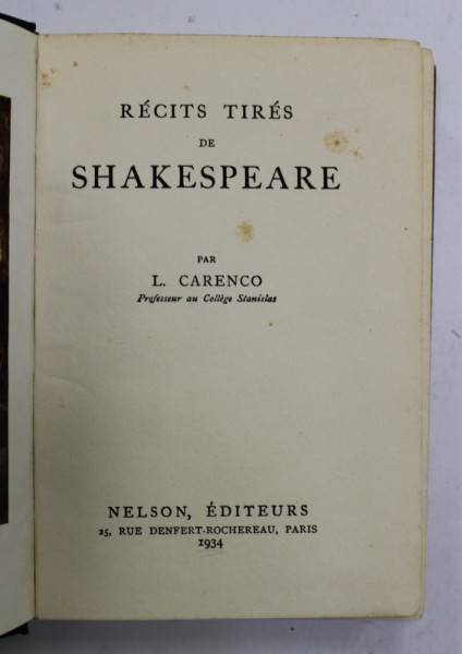 RECITS TIRES DE SHAKESPEARE par L. CARENCO , 1934