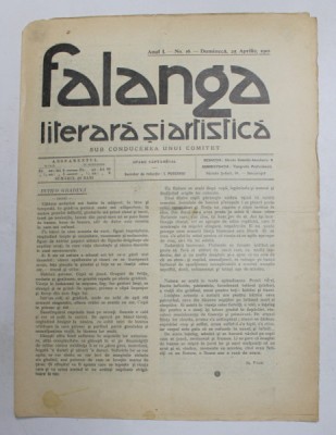 FALANGA LITERARA SI ARTISTICA , ZIAR SAPTAMANAL , ANUL I, NR.16 , DUMINICA 25 APRILIE , 1910 foto