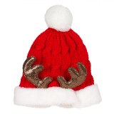 Căciulă Crăciun Fără Brand, Roșie, Blană Albă, Cornite Glitter Bronz, Pompon, Oem