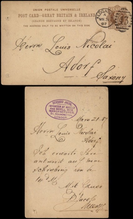 Great Britain 1887 Postcard Postal stationery Aldgate to Adorf Germany DB.003
