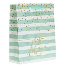 Sacosa Cadou, Model &quot;Gift for You&quot;, Alb, Dungi Verde Menta, Folie Aurie, 20x8x25cm