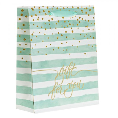 Sacosa Cadou, Model &amp;quot;Gift for You&amp;quot;, Alb, Dungi Verde Menta, Folie Aurie, 20x8x25cm foto