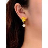 Cumpara ieftin Cercei Floare Galbena cu Picatura Perla - 22970