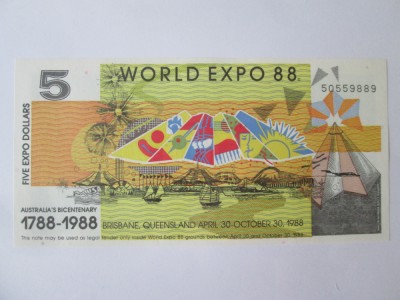 Australia 5 Dollars World Expo 1988 UNC foto
