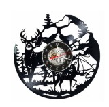 Ceas de perete decorativ realizat din disc de vinil, Model Natura si Camping cu Cerb, Caprioara, Cort si Munti, Negru, 30 cm