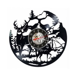 Ceas de perete decorativ realizat din disc de vinil, Model Natura si Camping cu Cerb, Caprioara, Cort si Munti, Negru, 30 cm