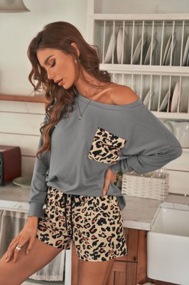 K774A-9918 Pijama casual din bluza si pantaloni scurti cu print leopard foto