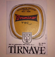 Etichete romanesti vin / eticheta veche romaneasca Traminer Roz Tarnave Blaj &amp;#039;70 foto