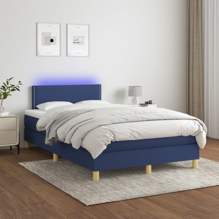 vidaXL Pat cu arcuri, saltea și LED, albastru, 120x200 cm, textil 3133627