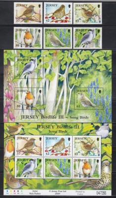Jersey 2009 - Păsări c&amp;acirc;ntătoare, Serie + Colita + Bloc, SET COMPLET, MNH foto