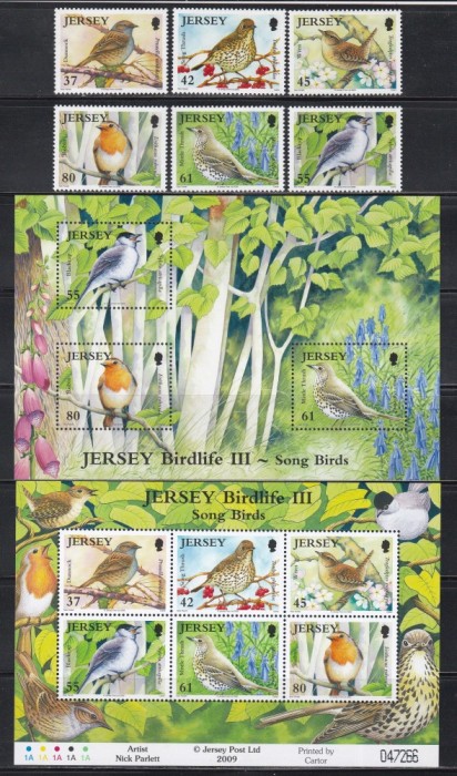 Jersey 2009 - Păsări c&acirc;ntătoare, Serie + Colita + Bloc, SET COMPLET, MNH