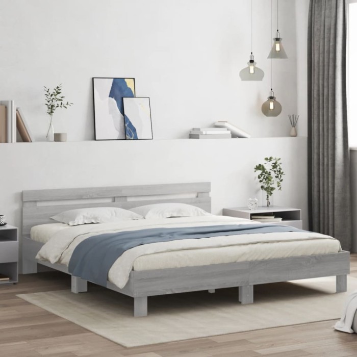 vidaXL Cadru de pat cu tăblie și LED, gri sonoma, 180x200 cm 3207530