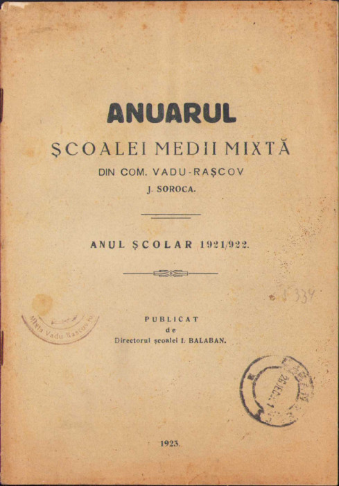 HST C1152 Anuarul Școalei medii mixtă Vadu Rașcov județul Soroca 1921/22