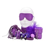 Set 11 accesorii bondage BOUNT TO PLAY Beginner's Bondage Kit, mască, cătuse, bici, fr&acirc;nghie, mască, clești sf&acirc;rcuri, mov