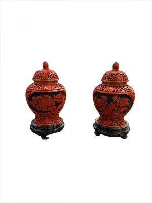 Pereche vase chinezești vintage pe suport din lemn de mahon, Cinnabar foto
