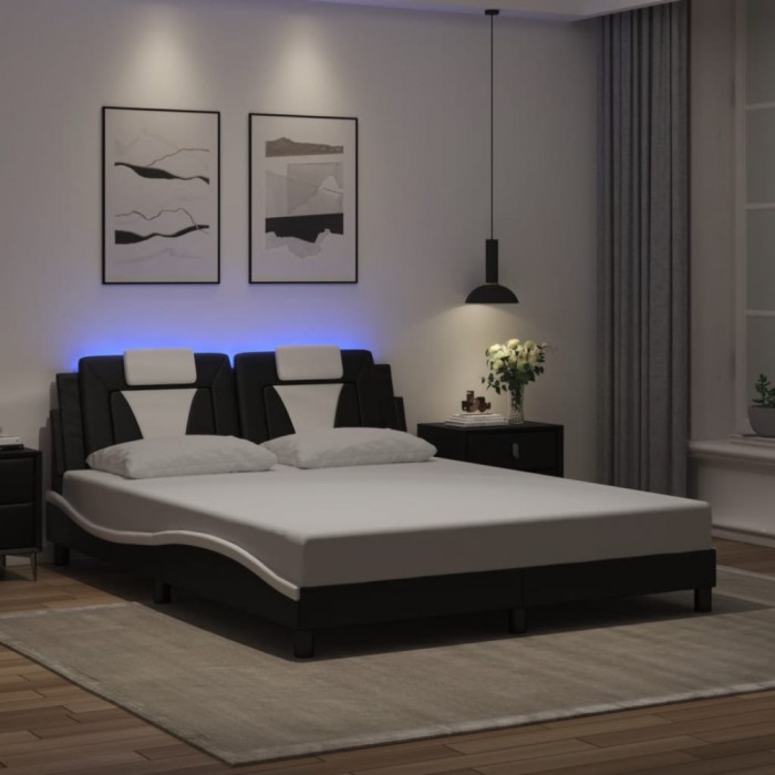 vidaXL Cadru de pat cu LED, negru și alb, 160x200 cm, piele ecologică 3214034