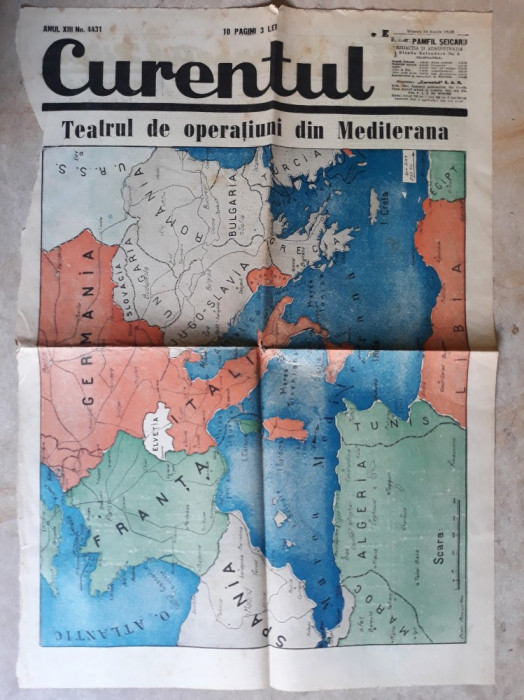 WWII - HARTA OPERATIUNI IN MEDITERANA - EXTRAS DIN ZIARUL CURENTUL 15 IUNIE 1940